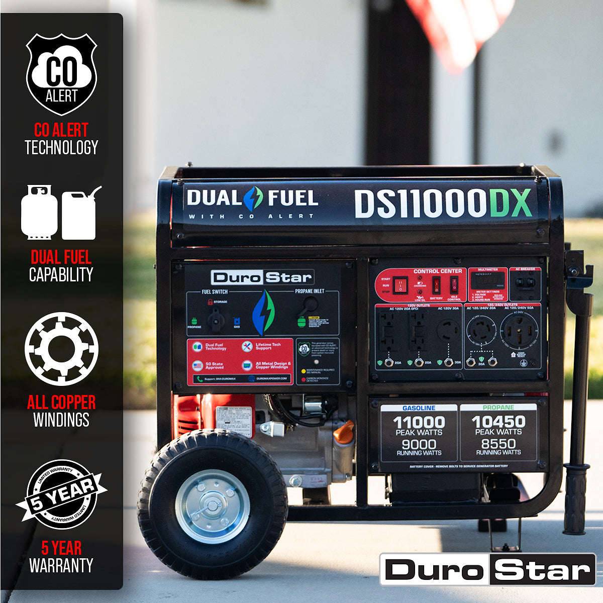 DuroStar, DuroStar DS11000DX 11,000W/9,000W 457cc Electric Start Dual Fuel Portable Generator w/ CO Alert