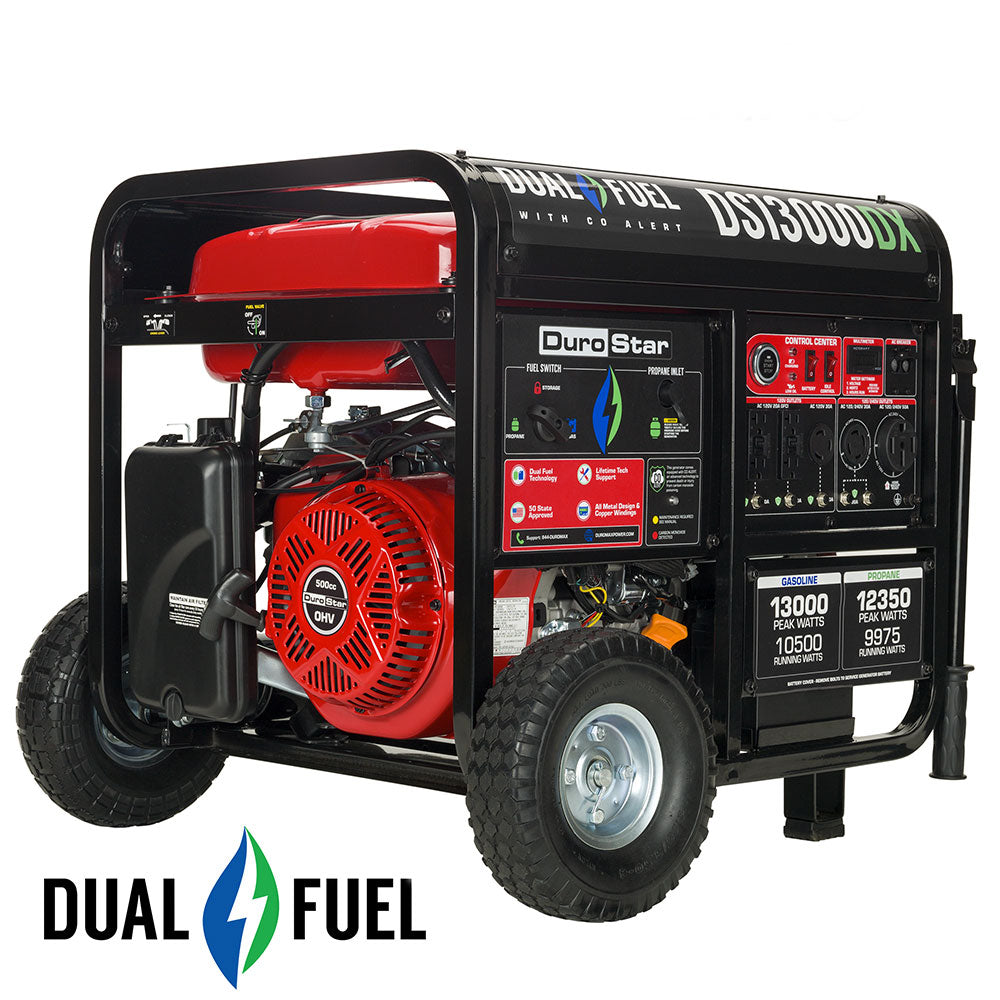 DuroStar, DuroStar DS13000DX 13,000W/10,500W 500cc Electric Start Dual Fuel Portable Generator w/ CO Alert