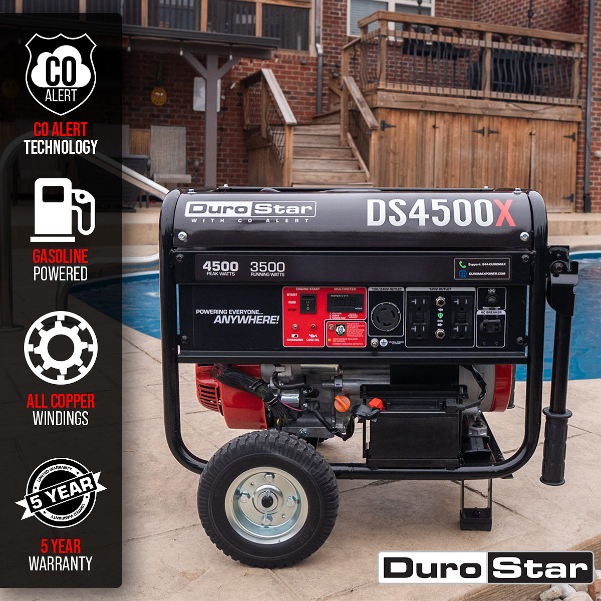 DuroStar, DuroStar DS4500X 4,500W/3,500W 210cc Electric Start Portable Generator w/ CO Alert