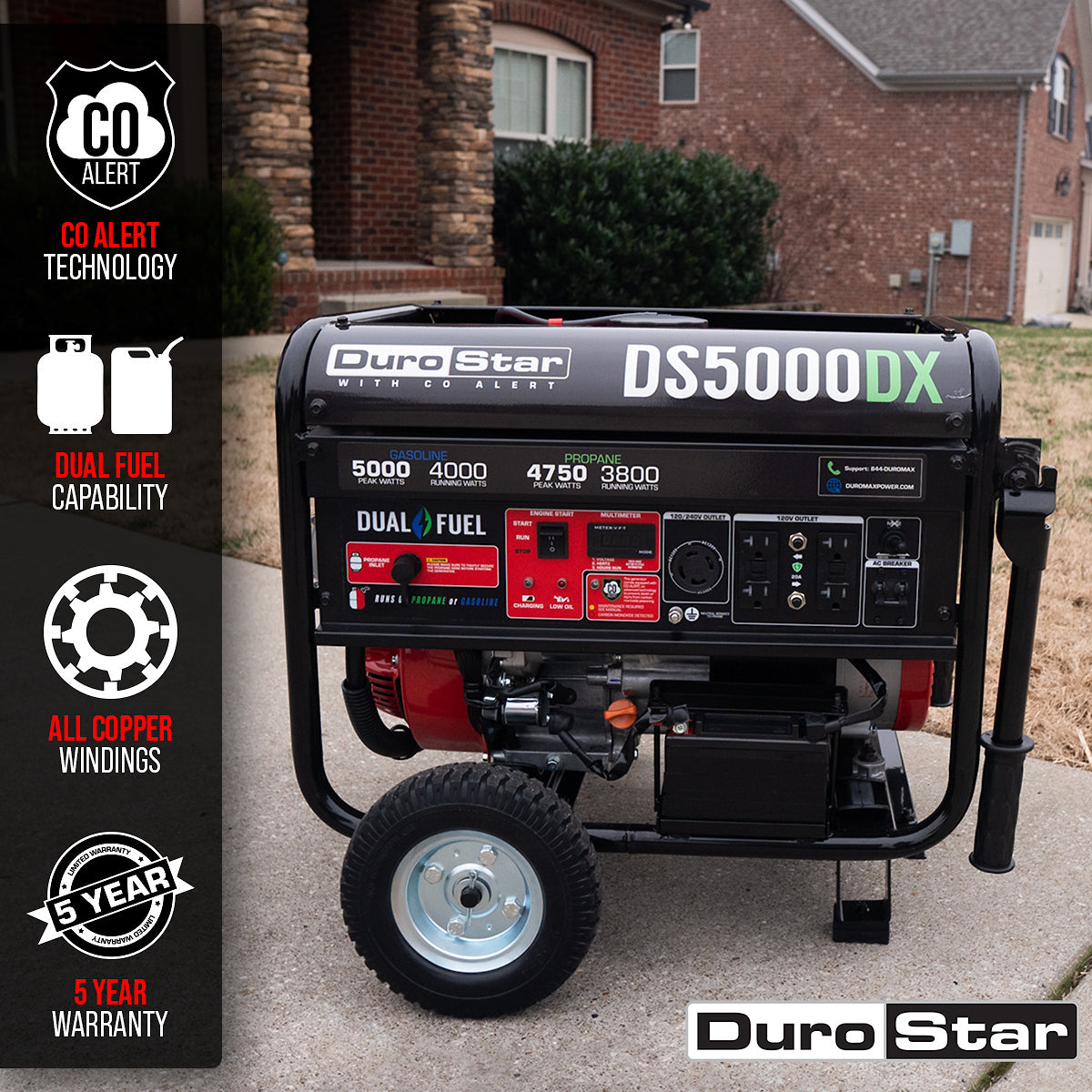 DuroStar, DuroStar DS5000DX 5,000W/4,000W 224cc Electric Start Dual Fuel Portable Generator w/ CO Alert