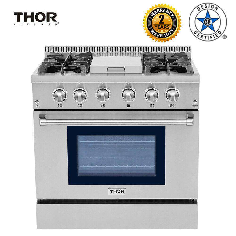 Thor Kitchen, Thor Kitchen HRG3617U 36 in. Professional Gas Range Oven 4 Burners Blue Porcelain Interior Stainless Steel New