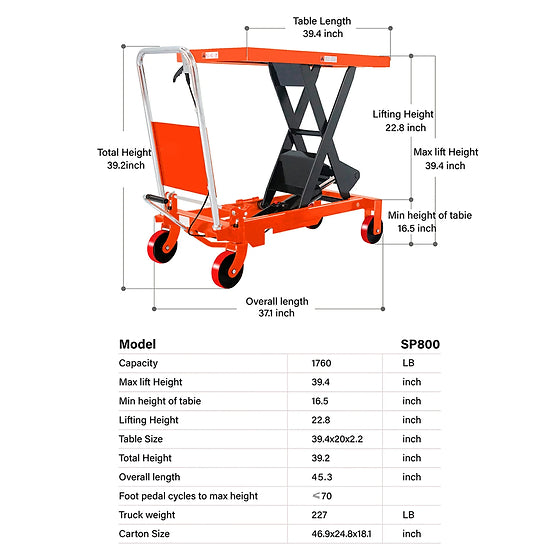Tory Carrier, Tory Carrier LT1760 Scissor Lift Table 1760 lbs Capacity 22.8" Lifting Height New