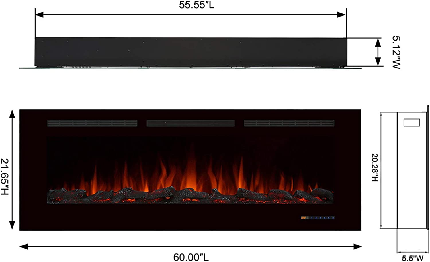 Valuxhome, Valuxhome BI60 60 in. 750/1500W Recessed and Wall Mounted Electric Fireplace with Remote LED Lights Logs and Crystals Black New