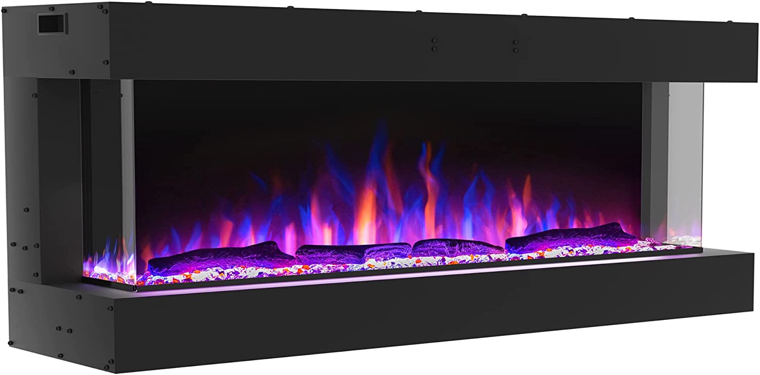 Valuxhome, Valuxhome TS60 64 in. 1500W 3-Sided Recessed and Wall Mounted Electric Fireplace with Remote LED Lights Logs and Crystals Black New