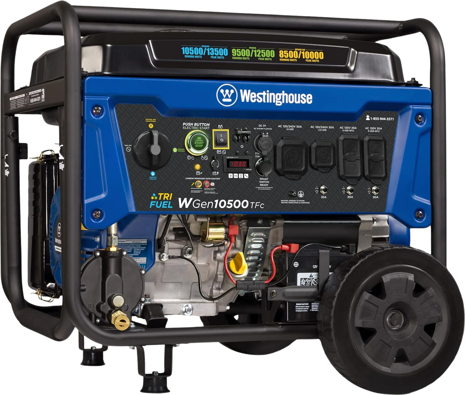 Westinghouse, Westinghouse WGen10500TFc Tri-Fuel Generator 10500W/13500W 50 Amp Remote Start with CO Sensor New