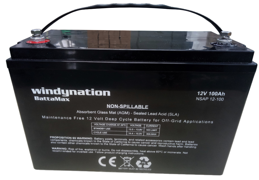 WindyNation, WindyNation 12V 100 Amp-Hour Deep Cycle AGM Sealed Lead Acid Battery for Solar, RV, UPS, Off Grid Battery Bank New