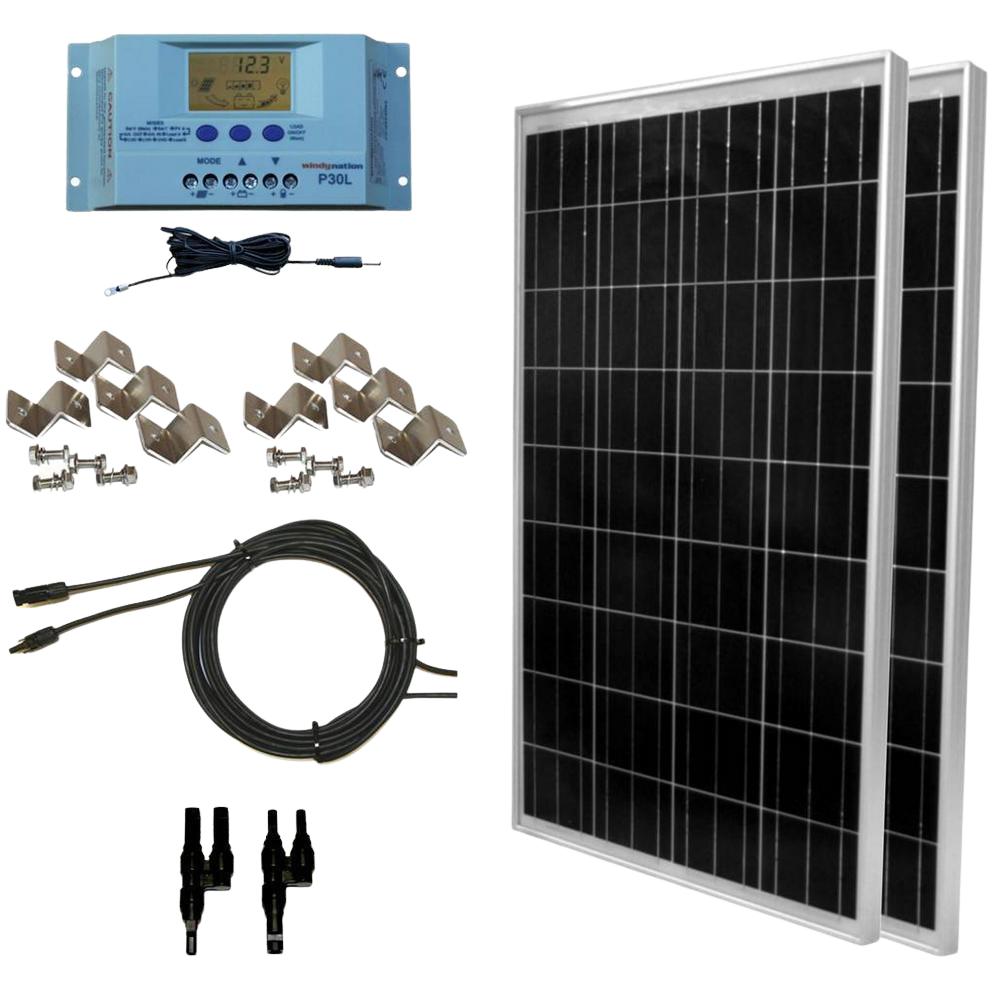 WindyNation, WindyNation SOK-200WP-P30L 200 Watt Solar Panel Kit With LCD Charge Controller New