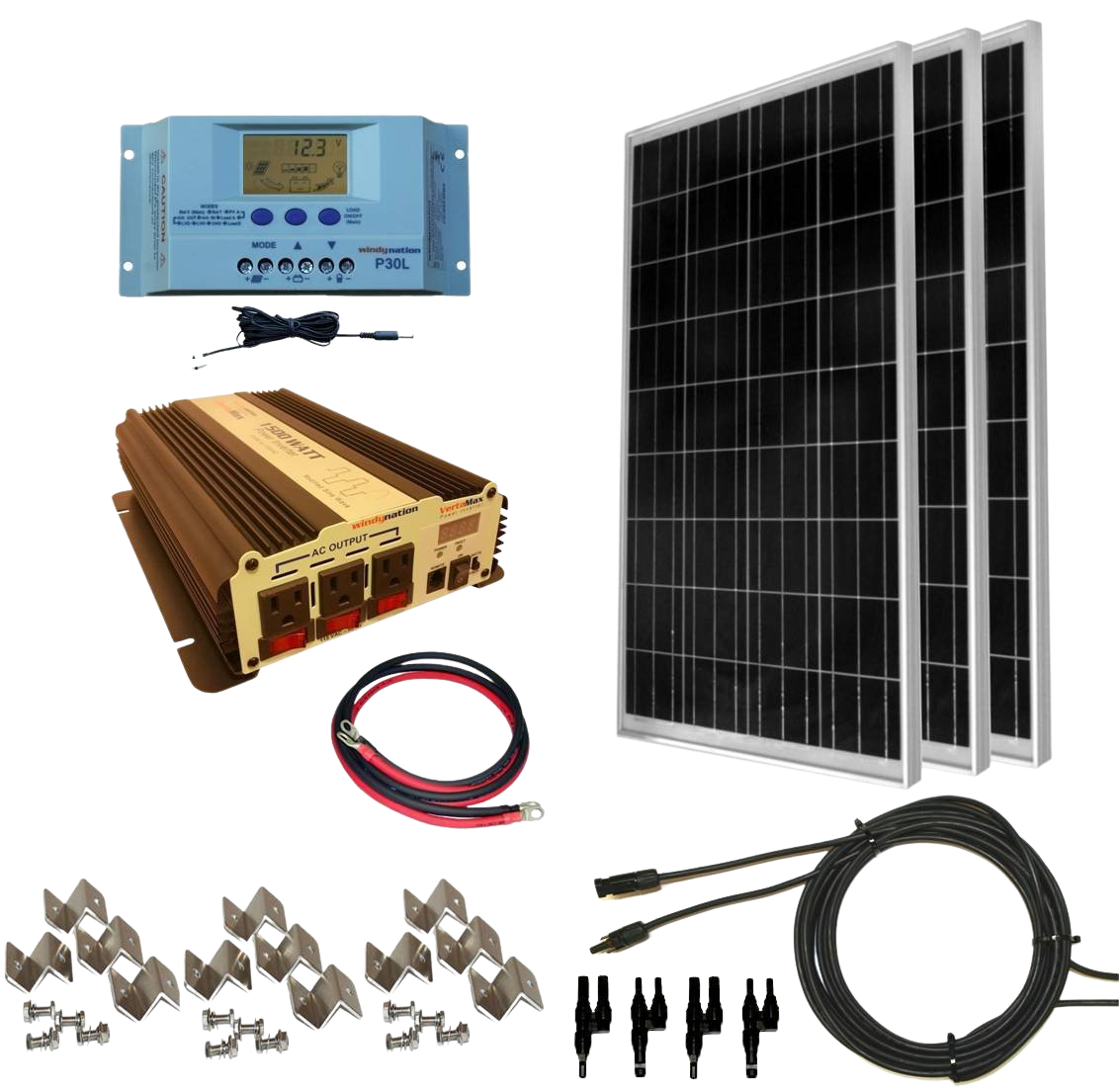 WindyNation, WindyNation SOK-300WPI-15 Complete 300 Watt Solar Panel Kit with 1500W VertaMax Power Inverter for 12 Volt Battery Systems New