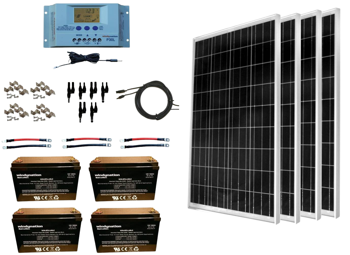 WindyNation, WindyNation SOK-400WP-P30L-400B 400 Watt Solar Panel Kit with 400ah AGM Battery New