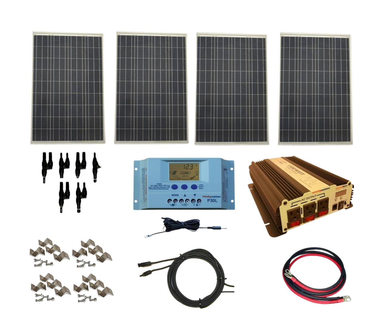 WindyNation, WindyNation SOK-400WPI-15 Complete 400 Watt Solar Panel Kit with VertaMax Power Inverter for 12 Volt Battery Systems New