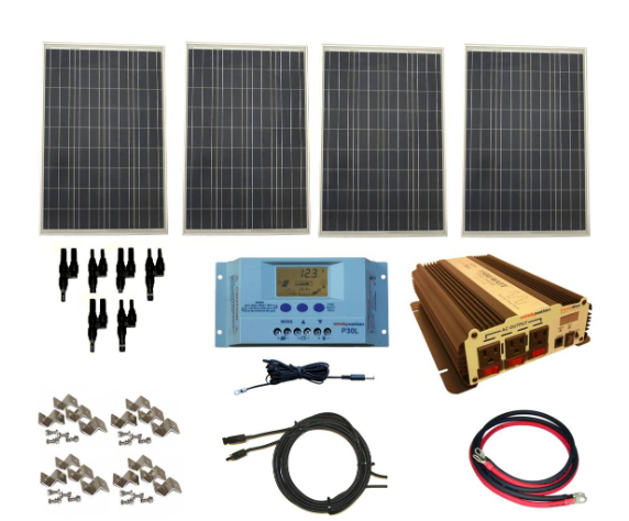WindyNation, WindyNation SOK-400WPI-30RS Complete 400 Watt Solar Panel Kit with 3000W VertaMax Power Inverter for 12 Volt Battery Systems and Remote Switch Standard 12 AWG New