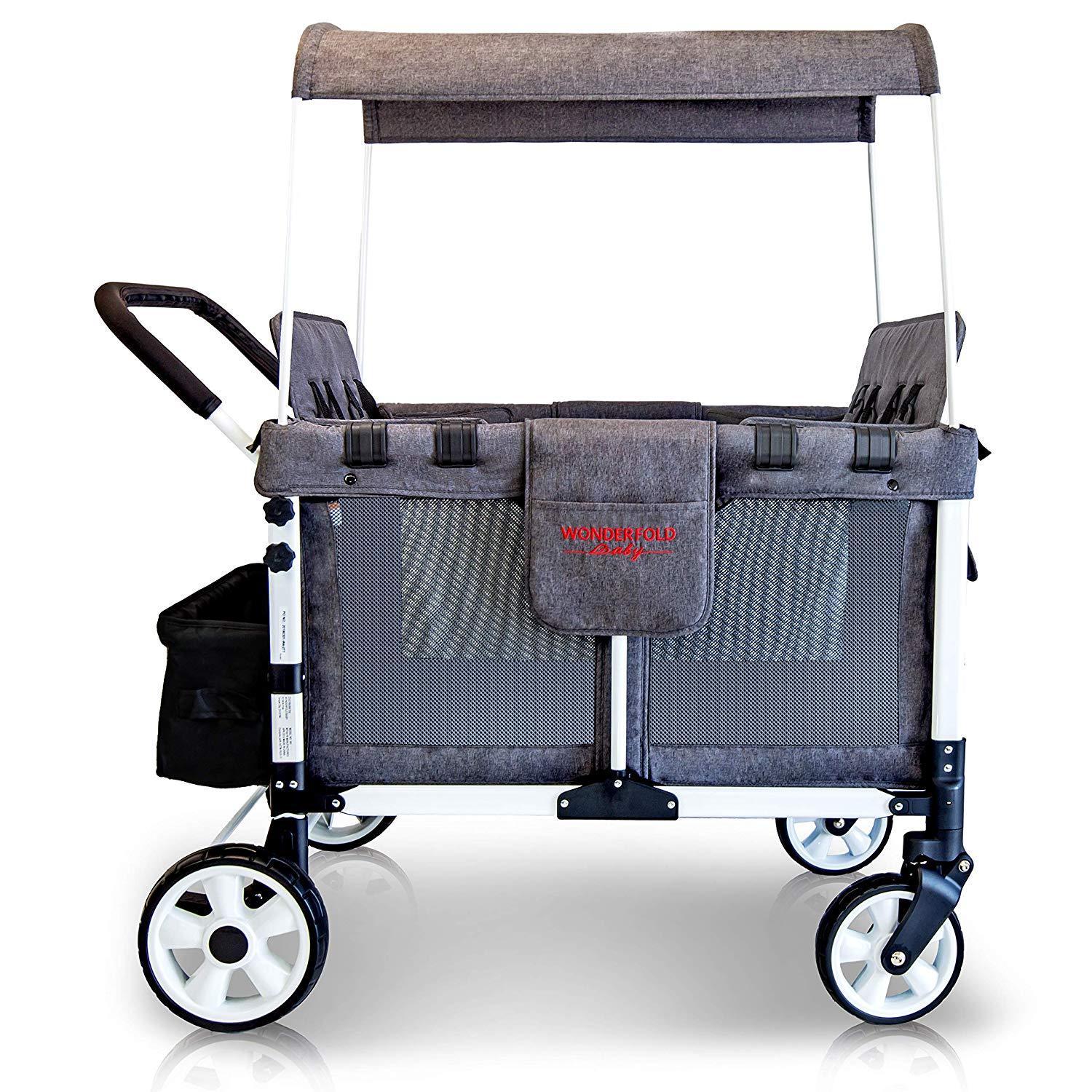 WonderFold Baby, WonderFold Baby Multi-Function Folding Quad Stroller Wagon with Removable Canopy and Seats Gray Used