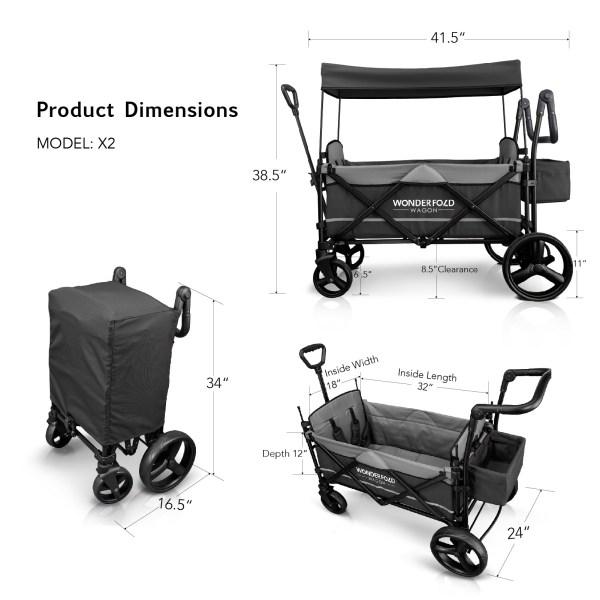 WonderFold Baby, WonderFold Baby X2 Push/Pull 2-Passenger Double Stroller Wagon Grey New