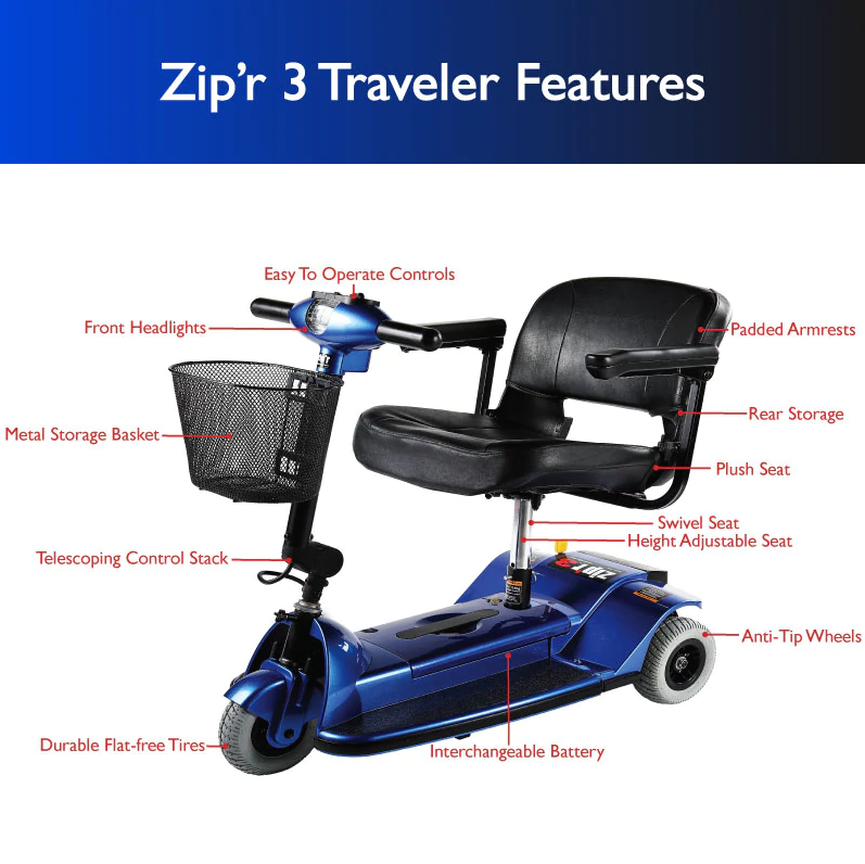 Zip'r, Zip'r 3-Wheel Travel Mobility Scooter Blue Open Box