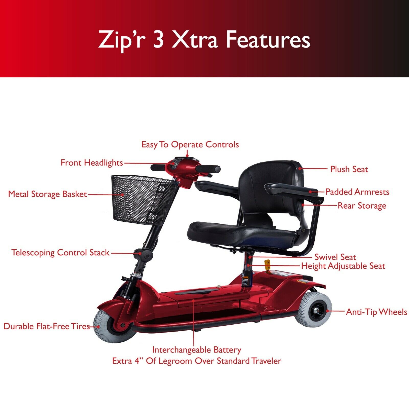 Zip'r, Zip'r 3 XTRA Traveler Mobility Scooter Red New