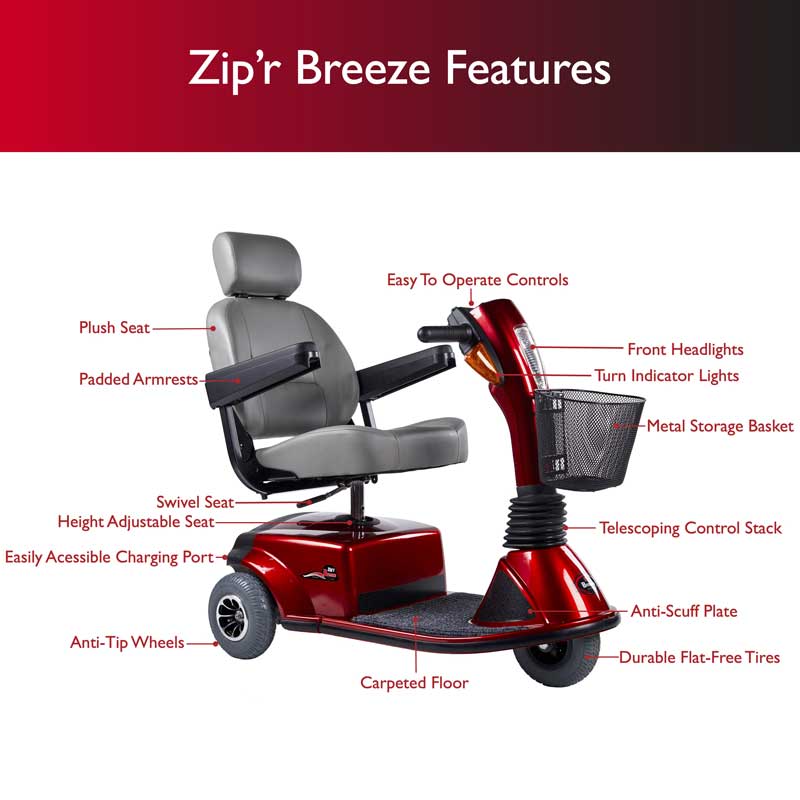 Zip'r, Zip'r Breeze 3-Wheel 24V 250W Heavy Duty Mobility Scooter Red New
