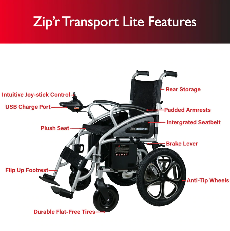 Zip'r, Zip’r ZIP12SLV Transport Lite Folding Electric Wheelchair Silver New